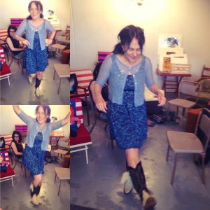 Loretta in her new cowboy boots at her "surprise" birthday gathering at Grace Aberdean Habitat Alchemy, August 2016.