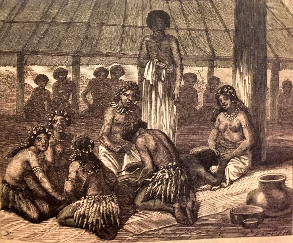 Tattooing day in Samoa 1868-70. Illustration for a publication titled 'The Natural History of Man: Being an Account of the Manners and Customs of the Uncivilized Races of Men' (from Mallon & Galliot 2018, p. 49)