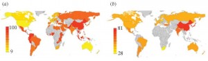 Color map frequency distribution of individualism-collectivism from geographic regions