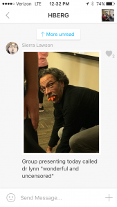 Students in "Non-Human Primates" must come up with activities to help us remember their lessons, and I like to set a good example and participate. This one was about gorillas, knuckle-walking, and, apparently, carrying carrots in my mouth. (Photo by Sierra Lawson)